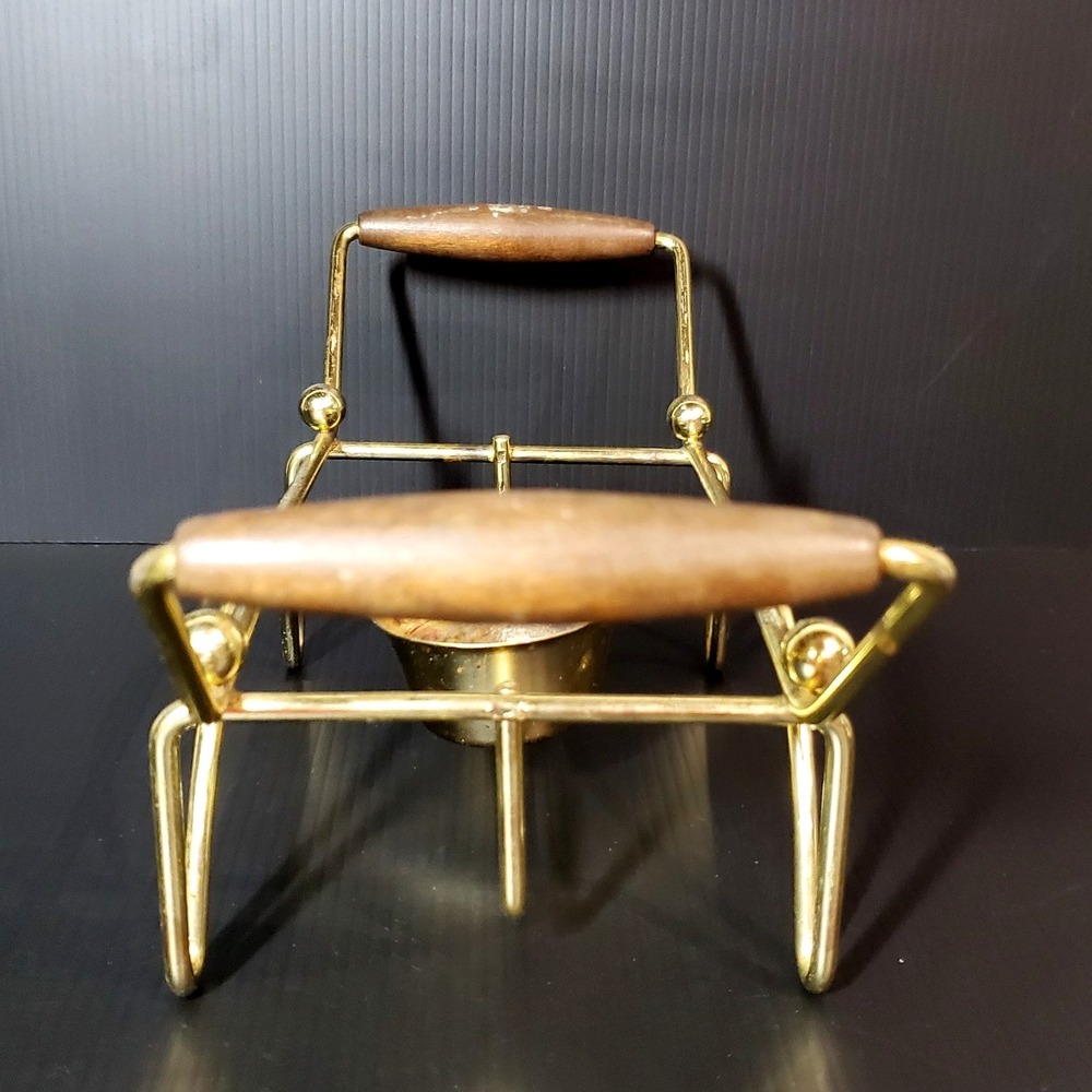 Vintage Mid Century Modern chafing stand metal w/ wood handles, warming stand - Picture 4 of 12